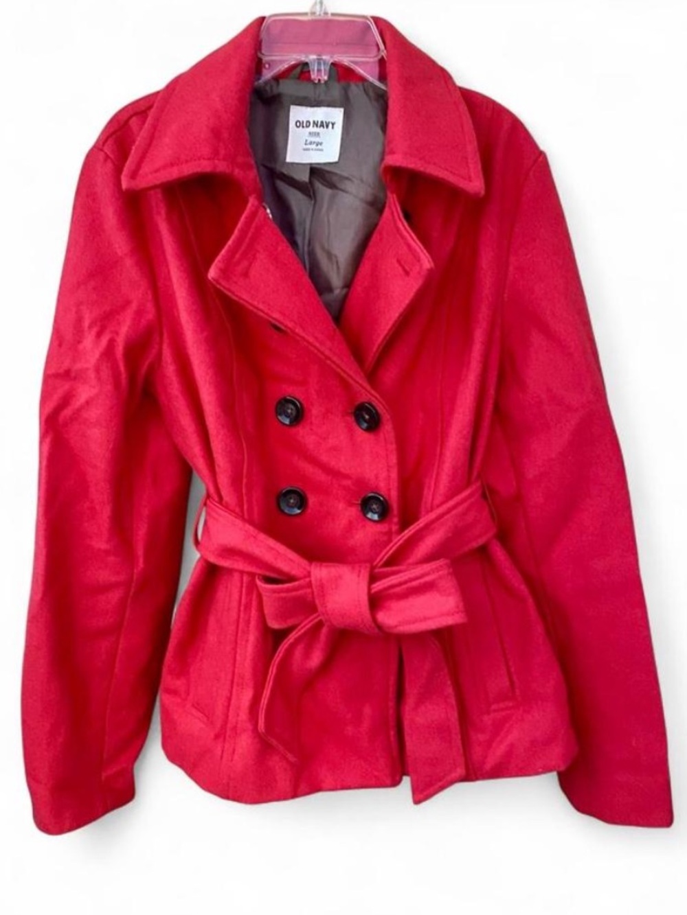 2010 Old Navy Bright Red Wool Blend Double Breasted Belted Peacoat Twee Size L